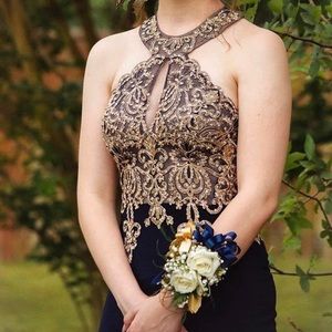 Navy Blue and Gold Prom Dress